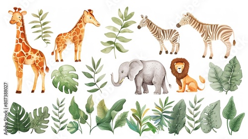 Safari object set with fox giraffe zebra lion leaves elephant. illustration for sticker postcard birthday invitation.Editable element