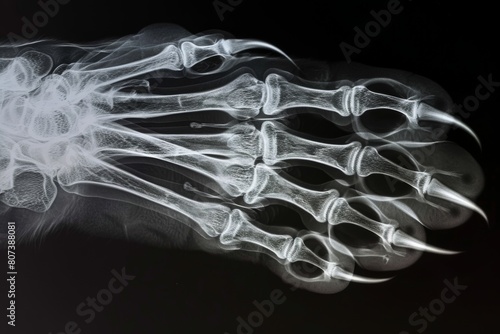 x ray illustration of cat paw closeup on black background - veterinarian clinic poster design