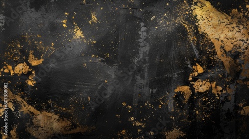 old scratched black background with gold paint sprayed splashes and drops grunge texture abstract  