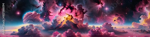 The cosmos whispers secrets in hues of pink and violet, as nebulous clouds drift in this surreal galactic background.