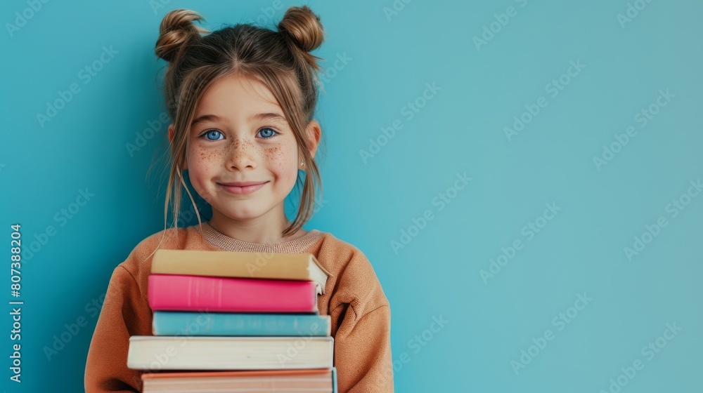 Little smiling girl holding pile of books on light blue background ...
