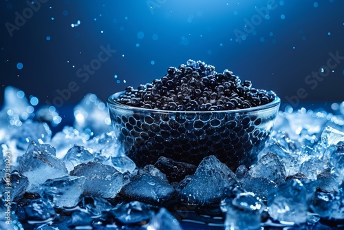 delicacy black caviar with ice in bowl plate with blue neon light 