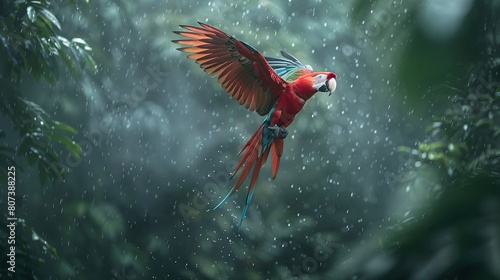 Red parrot in the rain. Macaw parrot flying in dark green vegetation. Scarlet Macaw, Ara macao, in tropical forest, Costa Rica, Wildlife scene from tropical nature. Red bird in the forest photo