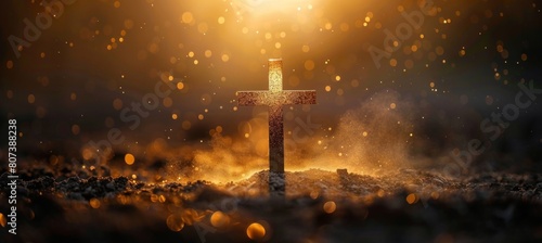 A cross stands on the ground, with golden light shining behind it background is blurred and dust is floating in front of it Generative AI