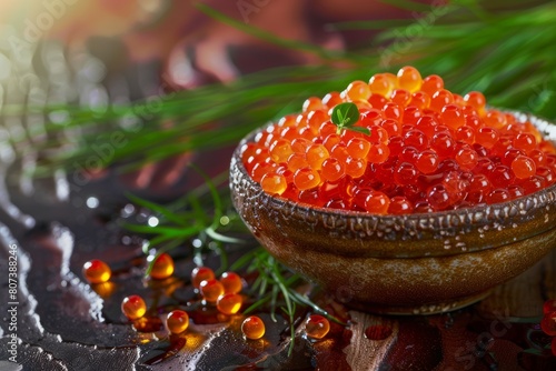 delicacy red caviar with ice in bowl plate on green background