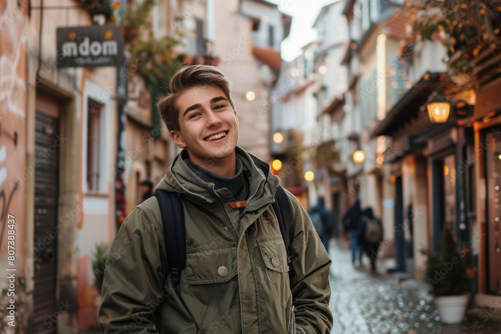 candid photo of caucasian young guy in the street of European city. Tourism and study abroad agency banner. User persona. 