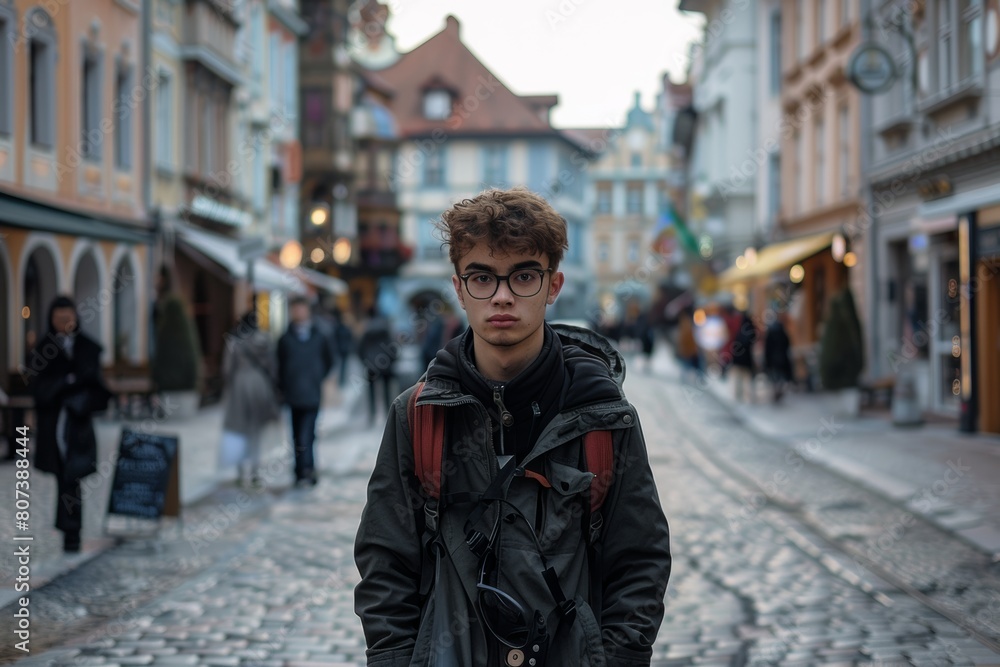 candid photo of caucasian young guy in the street of European city. Tourism and study abroad agency banner. User persona. candid photo of caucasian young guy in the street of European city. Tourism and study abroad agency banner. User persona.