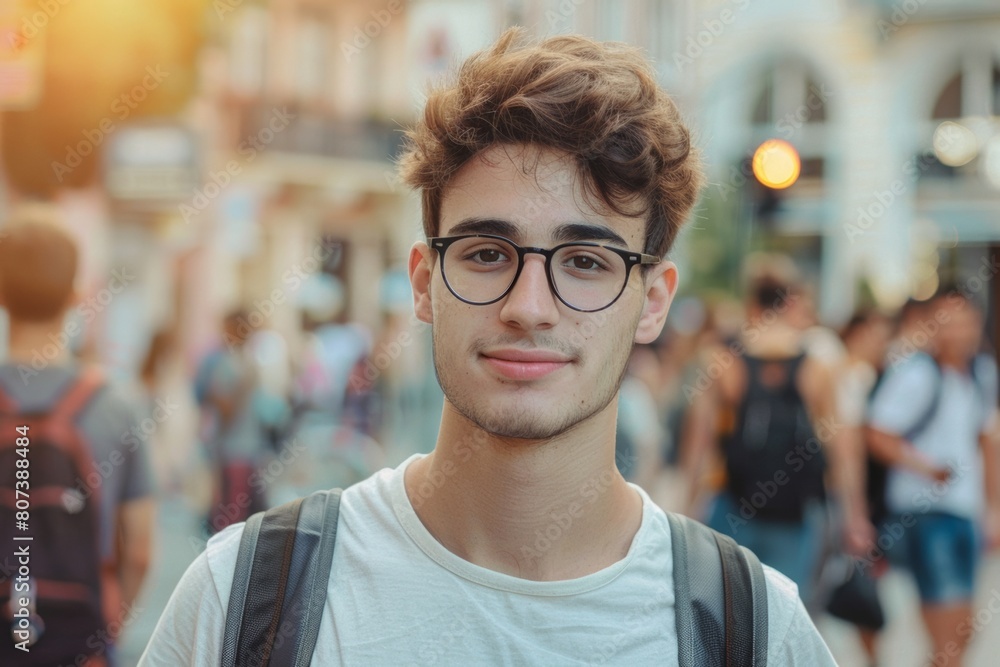 candid photo of caucasian young guy in the street in summer of European city. Tourism and study abroad agency banner. User persona. candid photo of caucasian young guy in the street in summer of European city. Tourism and study abroad agency banner. User persona.