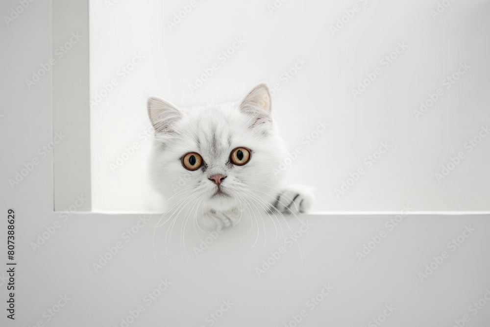 curious white cat kitten looking out of white fence on white background with copy space. Vet clinic poster or flyer with copy space. curious white cat kitten looking out of white fence on white background with copy space. Vet clinic poster or flyer with copy space.