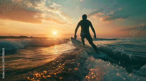 A man skillfully rides a wave on top of a surfboard in the ocean. photo