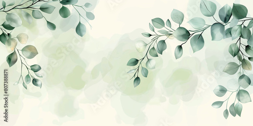 Horizontal card with gentle eucalyptus branches, artistic watercolor, eco-background  with space for text. For social media posts, crafts, greeting cards and home decor photo