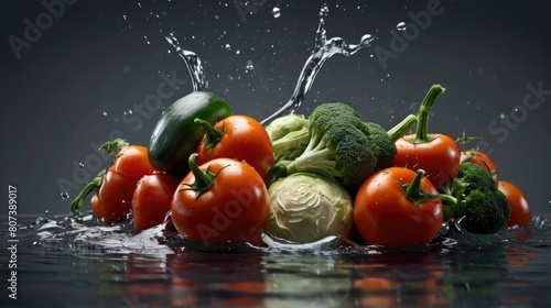 a spiral of organic fresh vegetable with water splash, gray background, dramatic scene, Food background design element with real transparent shadow