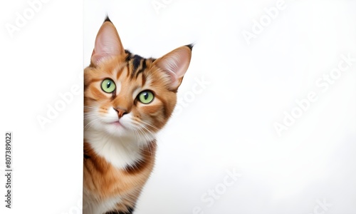 A cat with bright eyes peeking out from a white background