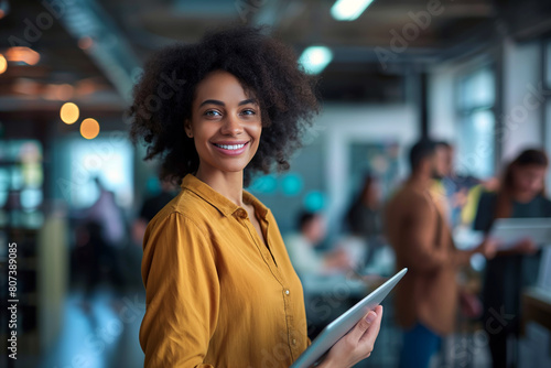 A radiant young African American woman holding a tablet and standing confidently in a lively, modern office.