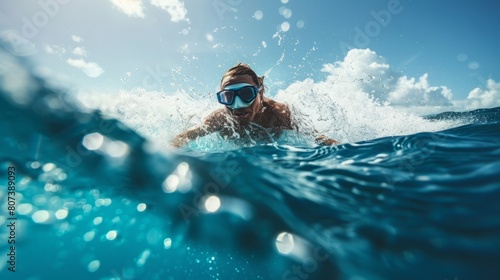 A man is swimming in the ocean with a mask on, surrounded by water. He is enjoying the underwater view while gliding through the sea.