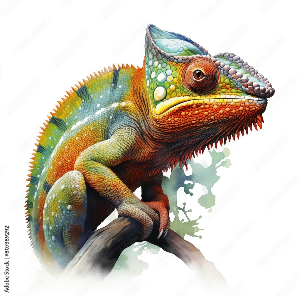 Fototapeta premium Chameleon. Tropical reptiles clipart. Watercolor illustration. Generative AI. Detailed illustration.