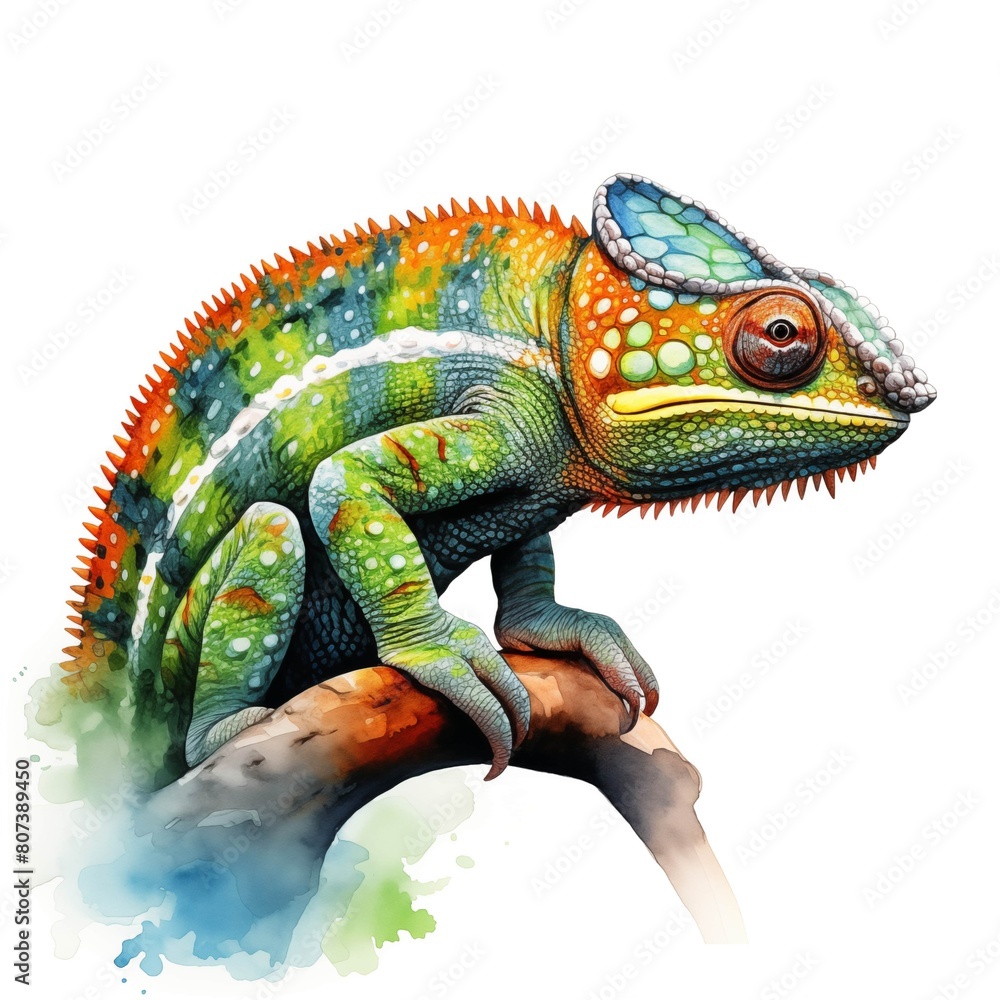 Fototapeta premium Chameleon. Tropical reptiles clipart. Watercolor illustration. Generative AI. Detailed illustration.