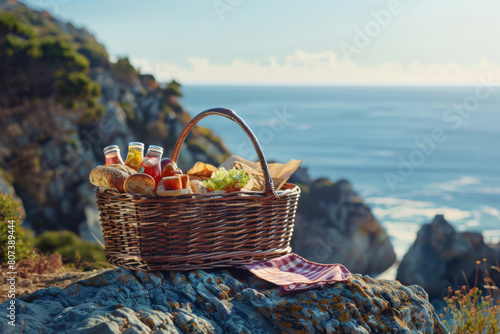 Picturesque picnic basket filled with bread  fruit  and drinks sits atop a rocky coast  overlooking the serene blue sea under a clear sky  perfect for a relaxing meal outdoors