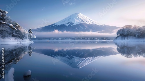 Mount Fuji by Lake Kawaguchi in winter
