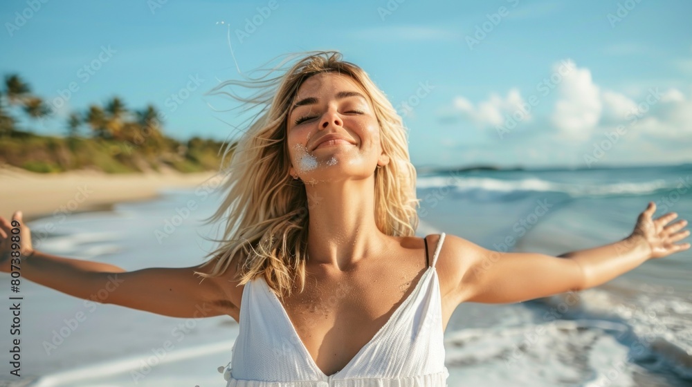 beautiful blonde woman with eyes closed on a beach beautiful blonde woman with eyes closed on a beach