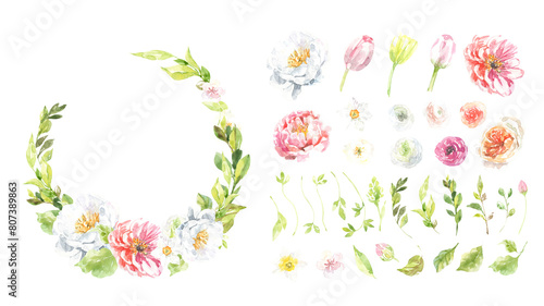 Spring Easter floral wreath, botanical ester clipart, single elements, flowers, peony flower, tulip, roses,butterflies, cute baby shower flowers green clipart, greeting card, rsvp