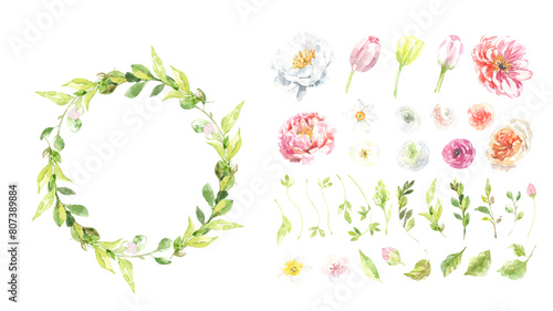 Spring Easter floral wreath, botanical ester clipart, single elements, flowers, peony flower, tulip, roses,butterflies, cute baby shower flowers green clipart, greeting card, rsvp