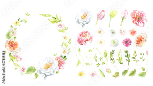 Spring Easter floral wreath, botanical ester clipart, single elements, flowers, peony flower, tulip, roses,butterflies, cute baby shower flowers green clipart, greeting card, rsvp
