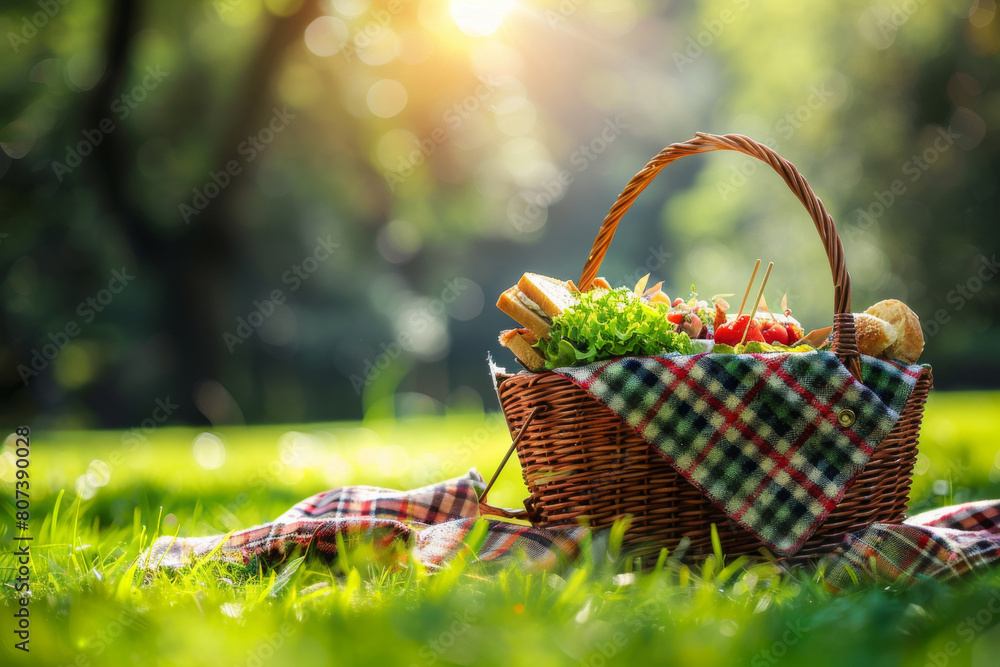 Wicker picnic basket filled with sandwiches and fruits on a checkered ...