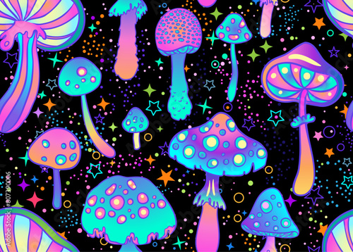 Magic mushrooms and stars seamless pattern. Psychedelic hallucination. 60s hi...