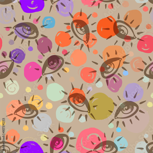 Eyes, seamless pattern in vintage psychedelic style. Ethnic background for textiles, fabric design, scrapbook, wrapping paper, wallpaper. Vector illustration. Astrology, religion. Conspiracy theory.