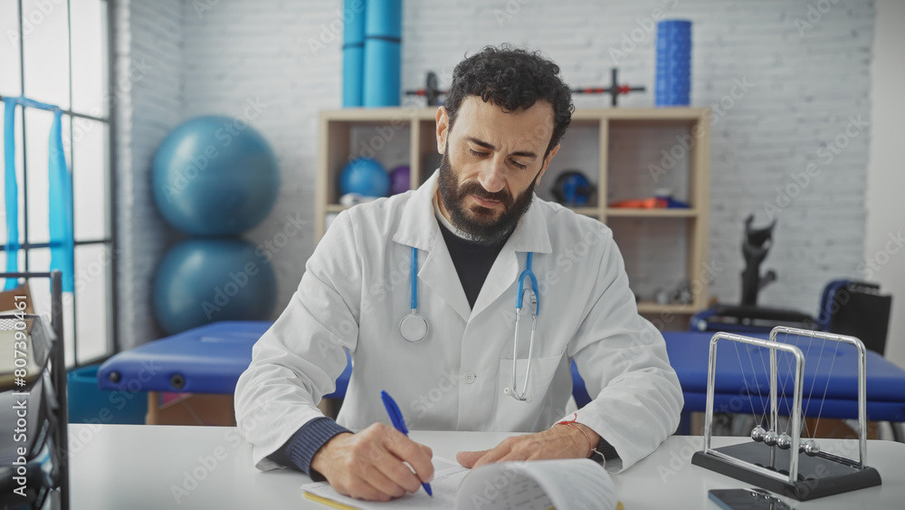 A mature, bearded man in medical attire writing at a desk in a clinic's therapy room with physiotherapy equipment in the background. A mature, bearded man in medical attire writing at a desk in a clinic's therapy room with physiotherapy equipment in the background.