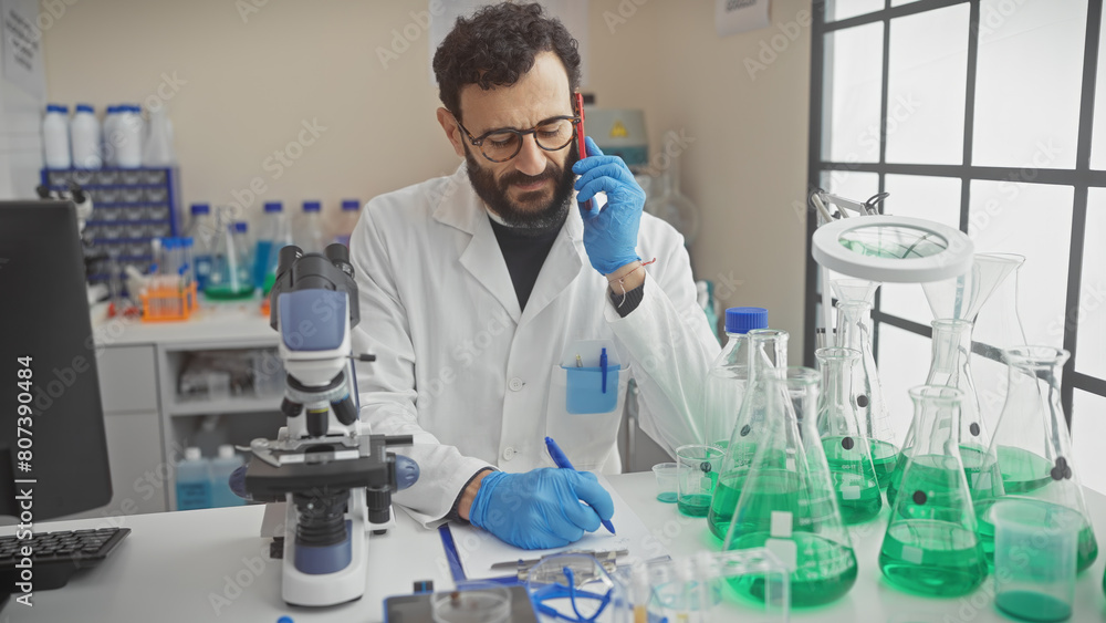 Middle-aged bearded man in labcoat taking notes in a laboratory while talking on the phone Middle-aged bearded man in labcoat taking notes in a laboratory while talking on the phone
