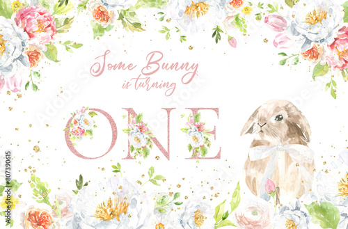 Some bunny is turning one, Blank space, Spring botanical,spring flower, easter animals, baby shower, cute bunny, illustration, spring flower composition clipart arrangement invitation