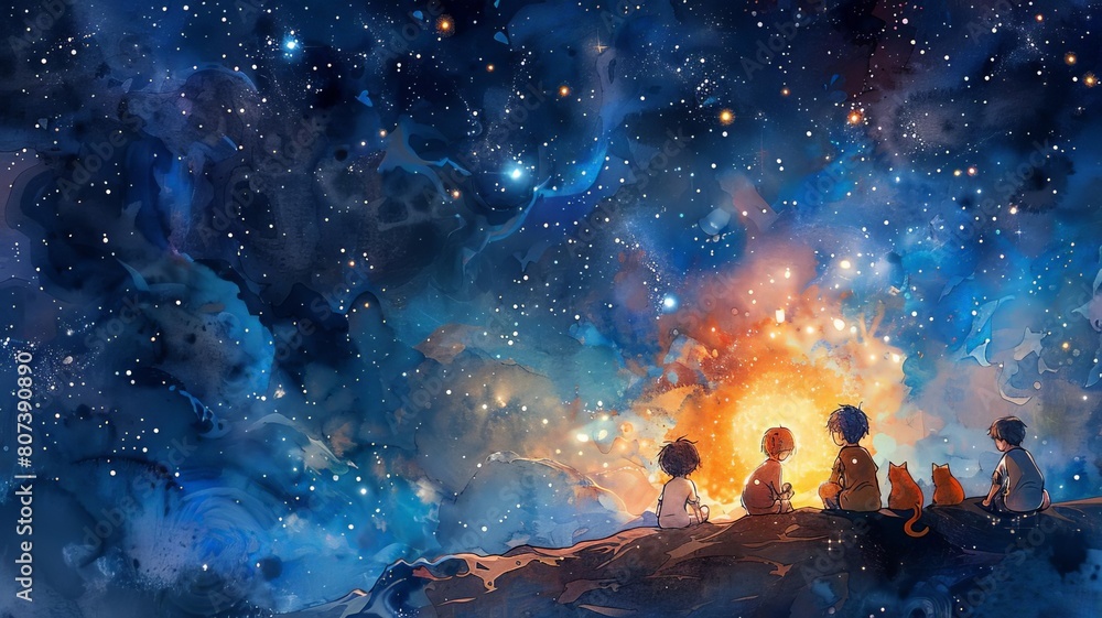A charming illustration of a nighttime camp on a distant star, with children and cosmic cats gathered around a glowing space fire