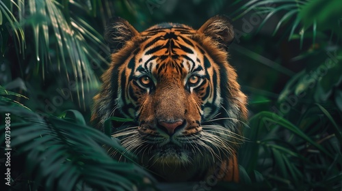 beautiful bengal tiger with lush green habitat background © somneuk