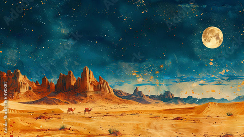 A 1930s vintage travel poster featuring a desert landscape with towering sand dunes and a camel caravan under a vast, starry sky