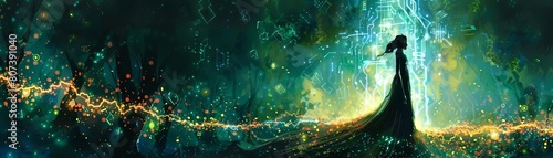 A sorceress conjuring a spell inside a circuit board forest, with abstract electric arcs and data streams in the background