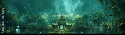 A vintage travel poster illustrating an ancient temple in Asia, surrounded by lush jungle, in the style of 1920s exotic adventure advertisements photo