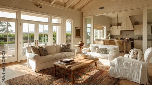 A large living room with white furniture and a red and brown rug. The room has a cozy and inviting atmosphere