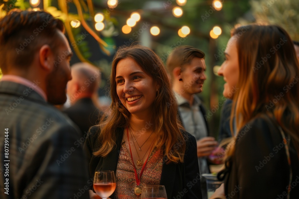 A group of people at an event, socializing and exchanging ideas with each other in the background A group of people at an event, socializing and exchanging ideas with each other in the background