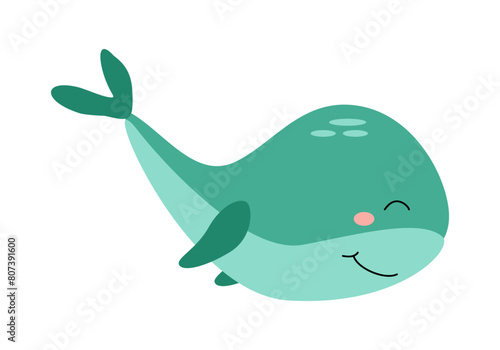 Cute funny green whale character, sea animal. Vector cartoon illustration for stickers, children's books, products, room decoration.