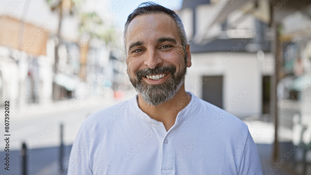 Handsome mature hispanic man with grey beard smiling in an urban outdoor setting on a city street. Handsome mature hispanic man with grey beard smiling in an urban outdoor setting on a city street.