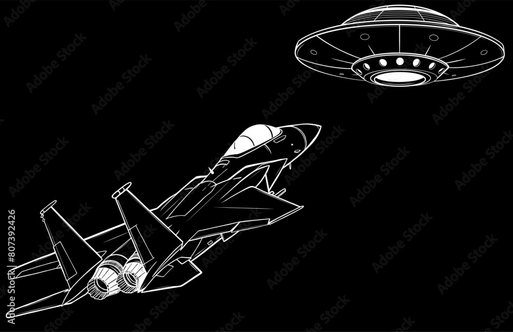 white silhouette of ufo fight versus jet on black background white silhouette of ufo fight versus jet on black background