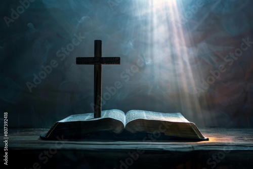 A cross is placed on an open Bible, with light shining from it onto the pages of countless bible stories Generative AI photo