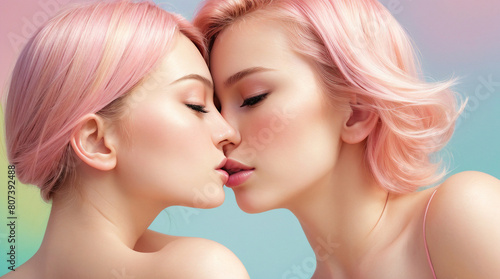 portrait of two women, girls, pastel colors, embrace, fashion