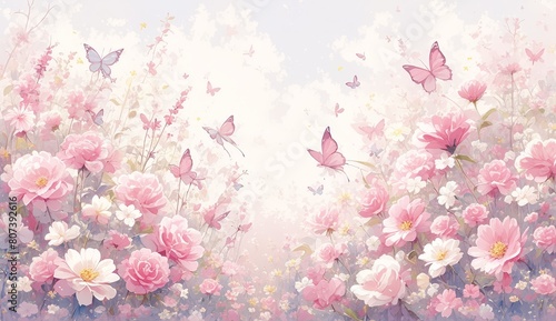 Pink and peach flowers, butterflies, pattern, soft pastel colors