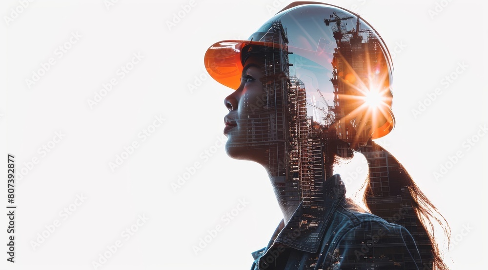 Empowering Vision: Double Exposure Portrait of a Female Engineer Overlooking a Construction Site Empowering Vision: Double Exposure Portrait of a Female Engineer Overlooking a Construction Site