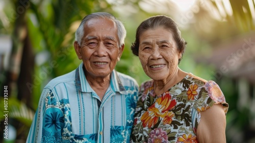 happy asian elderly couple with daytime blur background