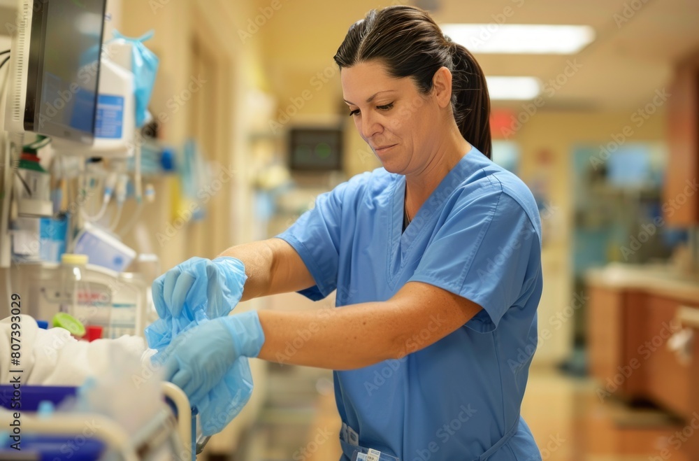 A nurse putting on gloves in a hospital room, wearing blue scrubs A nurse putting on gloves in a hospital room, wearing blue scrubs