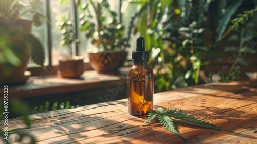 promote natural hemp extract with a cbd oil bottle and dropper on a wooden table, showcasing organic and pure ingredients photo